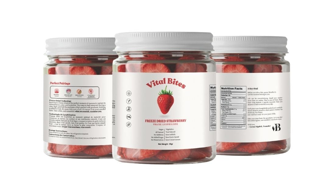 Three jars of 'Vital Bites' on a white background