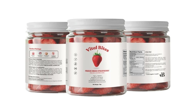 Three jars of 'Vital Bites' on a white background