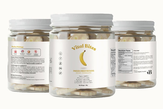 Three jars of 'Vital Bites' snacks on a white background