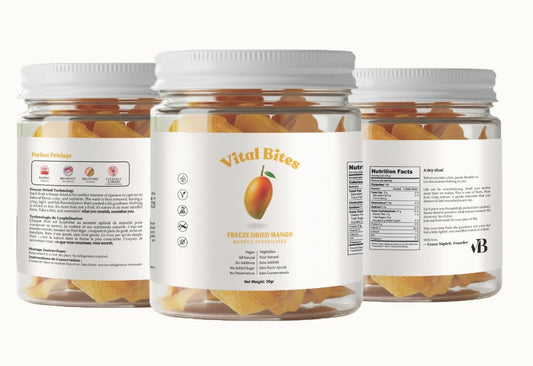 Three jars of 'Vital Bliss' on a white background