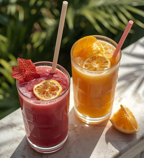 Two glasses of colorful drinks with straws and garnishes on a natural background