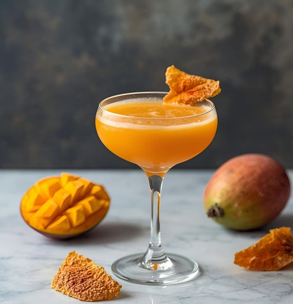 Mango-themed cocktail with mangoes and a cracker on a marble surface