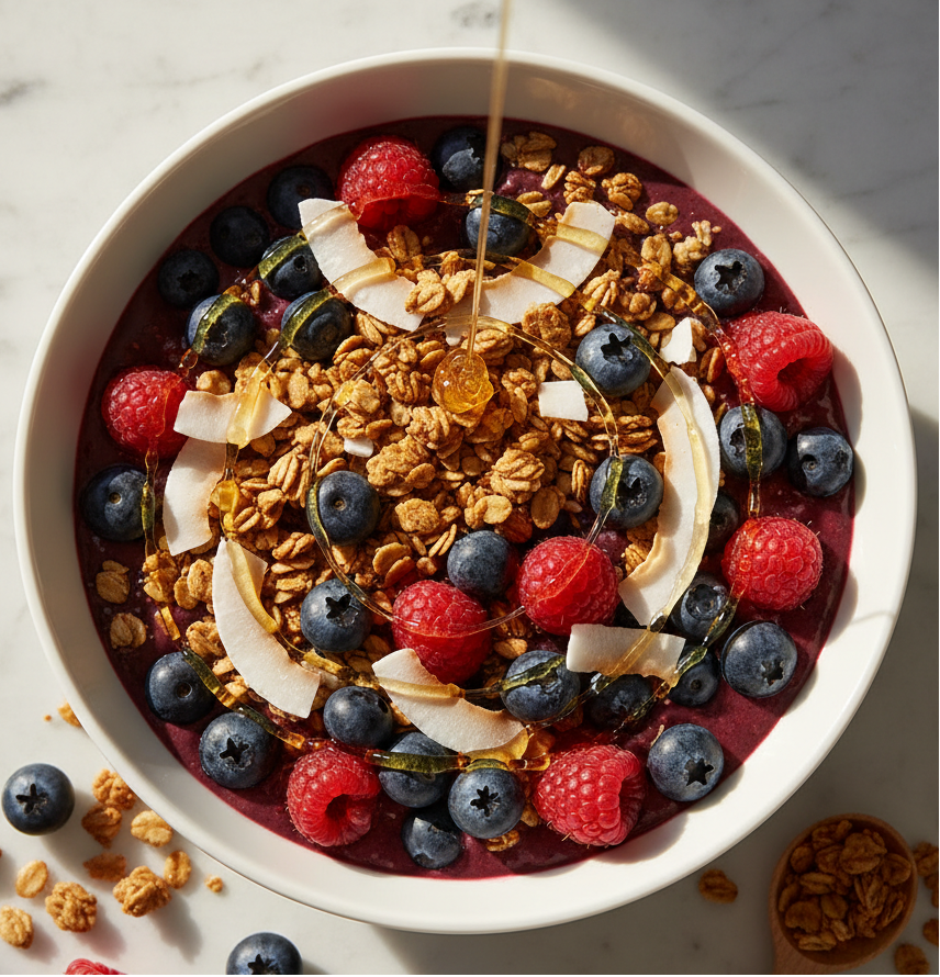 A top-down view of a white bowl filled with a purple berry smoothie, topped with blueberries, raspberries, sliced banana, granola, and drizzled honey, set on a light marble surface with scattered cereal and a wooden spoon nearby.
