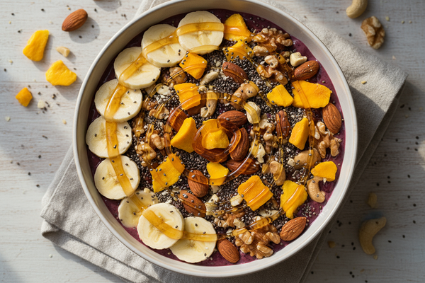 breakfast bowl with freeze dried mango and banana chia seeds nuts and hunny