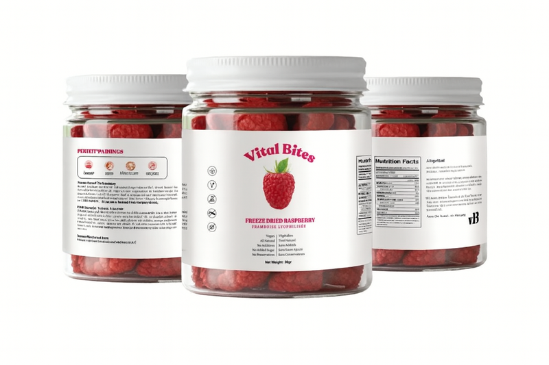 Three jars of Vital Bites freeze-dried raspberries on a white background